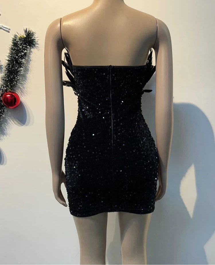 Luxury Birthday Women’s Feathers Sequin Strapless Deep V-neck Black Bodycon Mini Dresses Sexy Club Party Night