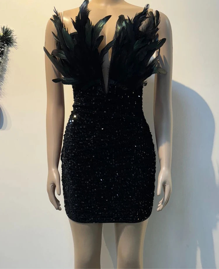 Luxury Birthday Women’s Feathers Sequin Strapless Deep V-neck Black Bodycon Mini Dresses Sexy Club Party Night