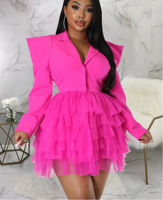 Fashion Blazer Style Long Sleeve Ruffles Mesh A-line Mini Dress