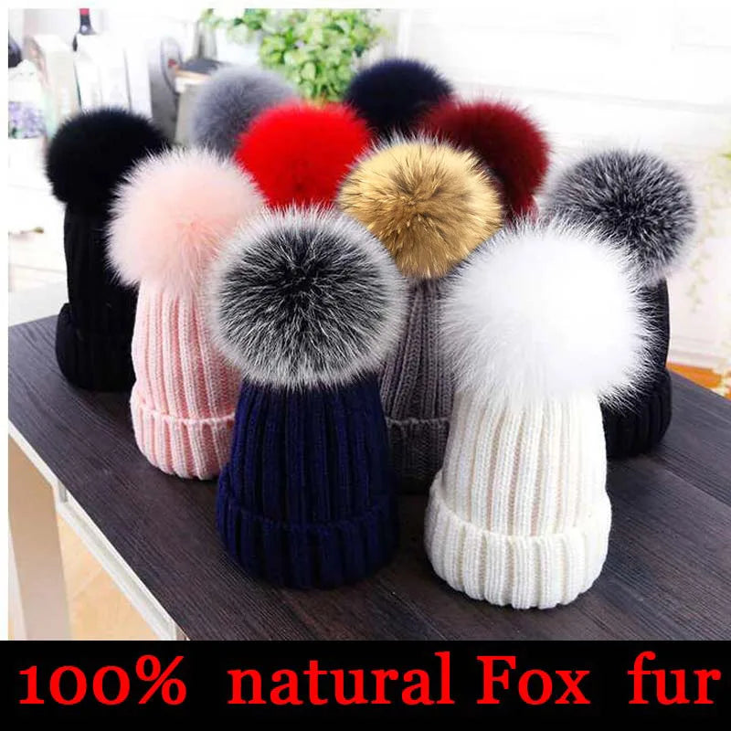 natural fur pom pom hat